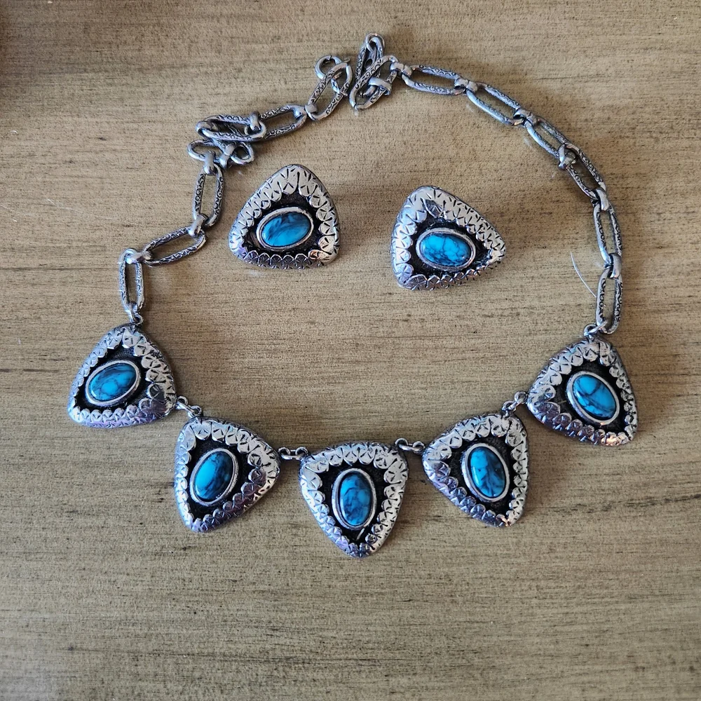 Silver and Turquoise Necklace and Earring Set - Picture 1 of 3